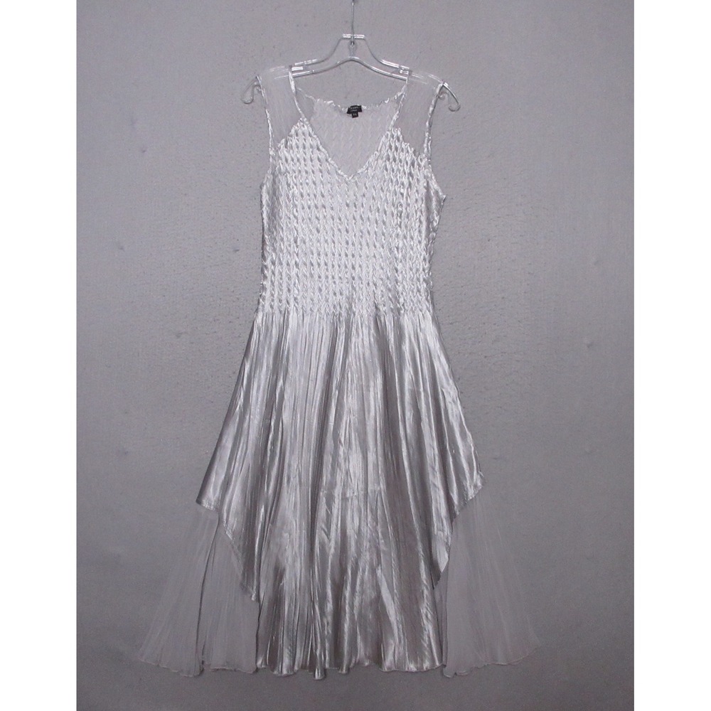 Komarov Dress Silver Metallic Smocked Crinkle Romantic Fairy Y2k 90s Grunge Boho